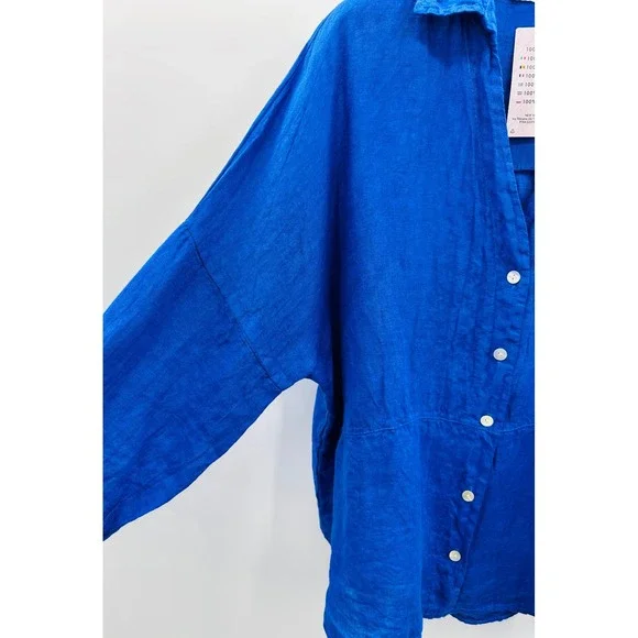 NWT Womens L 100% Linen Oversized Shirt Cobalt Blue Lagenlook Artsy Minimalist - Picture 10 of 14